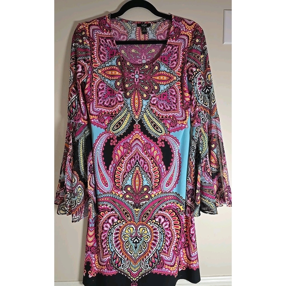 MSK Women's Paisley Dress Sheer Bell Sleeves-Small-pink Blue Black